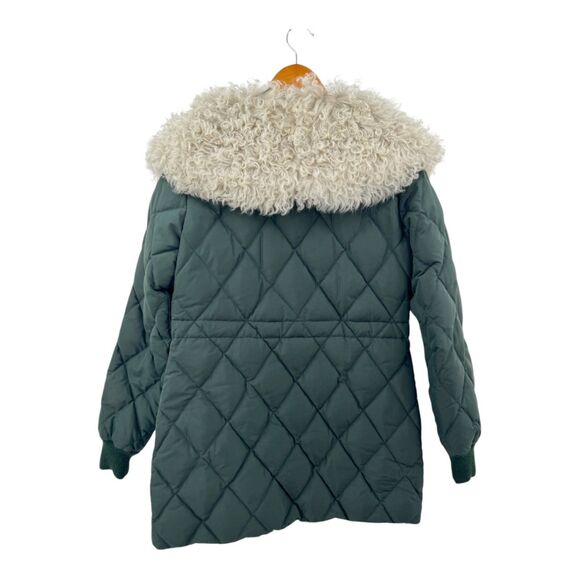 Theory Jacket Quilted Down Puffer Lamb Fur Trim Forest Green Size S - Picture 4 of 8